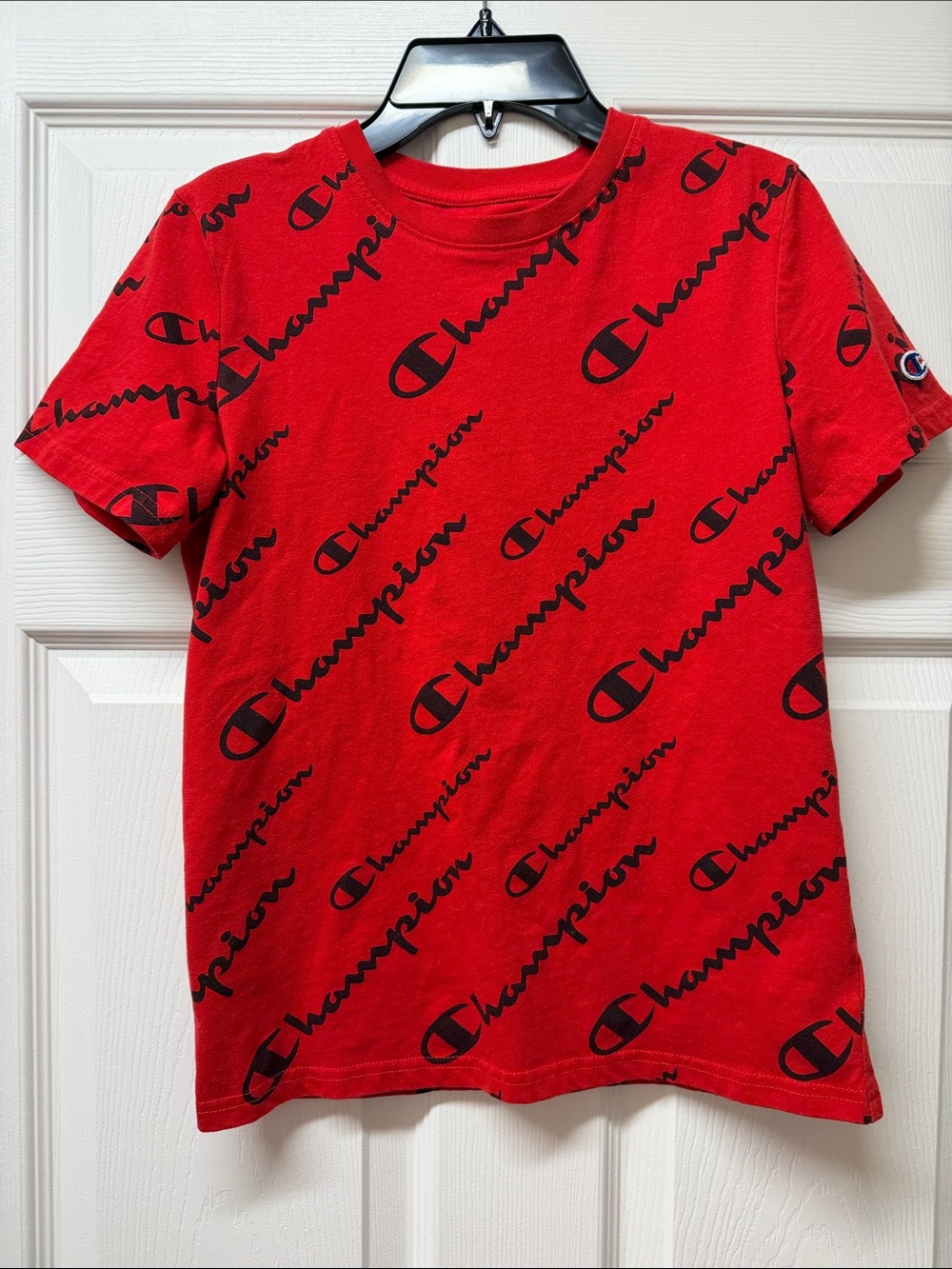 Champion Red Tee with Black All-Over Logo